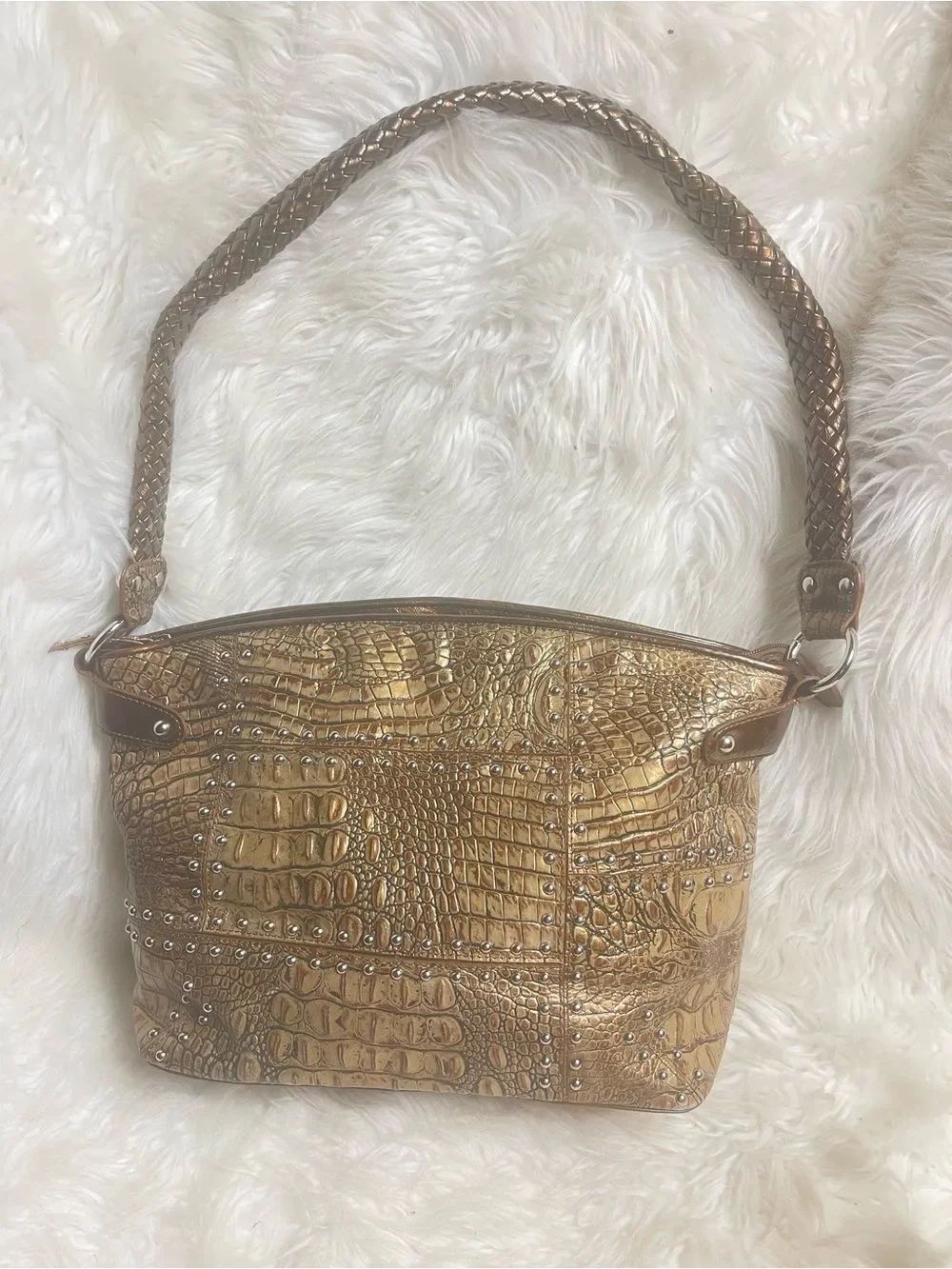MC Marc Chantal synthetic patent Bronze Croc-Embossed Studded Shoulder Bag
